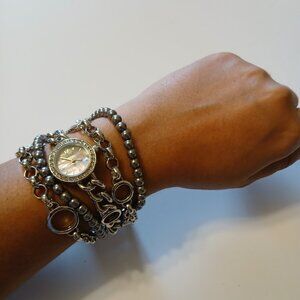 Luxe Pearlized Dial Crystal Accent Silver Round Case Faux Pearl Bracelet Watch